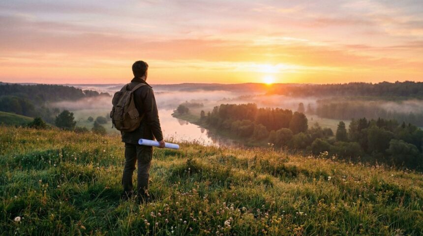 Homem em pé numa colina verde segurando um projeto enrolado, olhando para o horizonte com um nascer do sol sobre um vale e um rio.