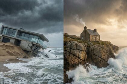 Imagem dividida comparando duas casas durante uma tempestade: à esquerda, uma casa moderna desabando na areia; à direita, uma casa de pedra firme sobre um penhasco rochoso.