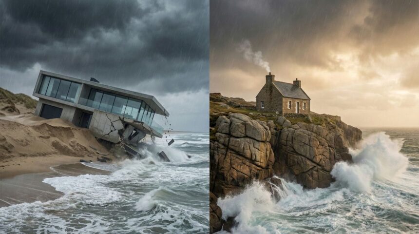 Imagem dividida comparando duas casas durante uma tempestade: à esquerda, uma casa moderna desabando na areia; à direita, uma casa de pedra firme sobre um penhasco rochoso.
