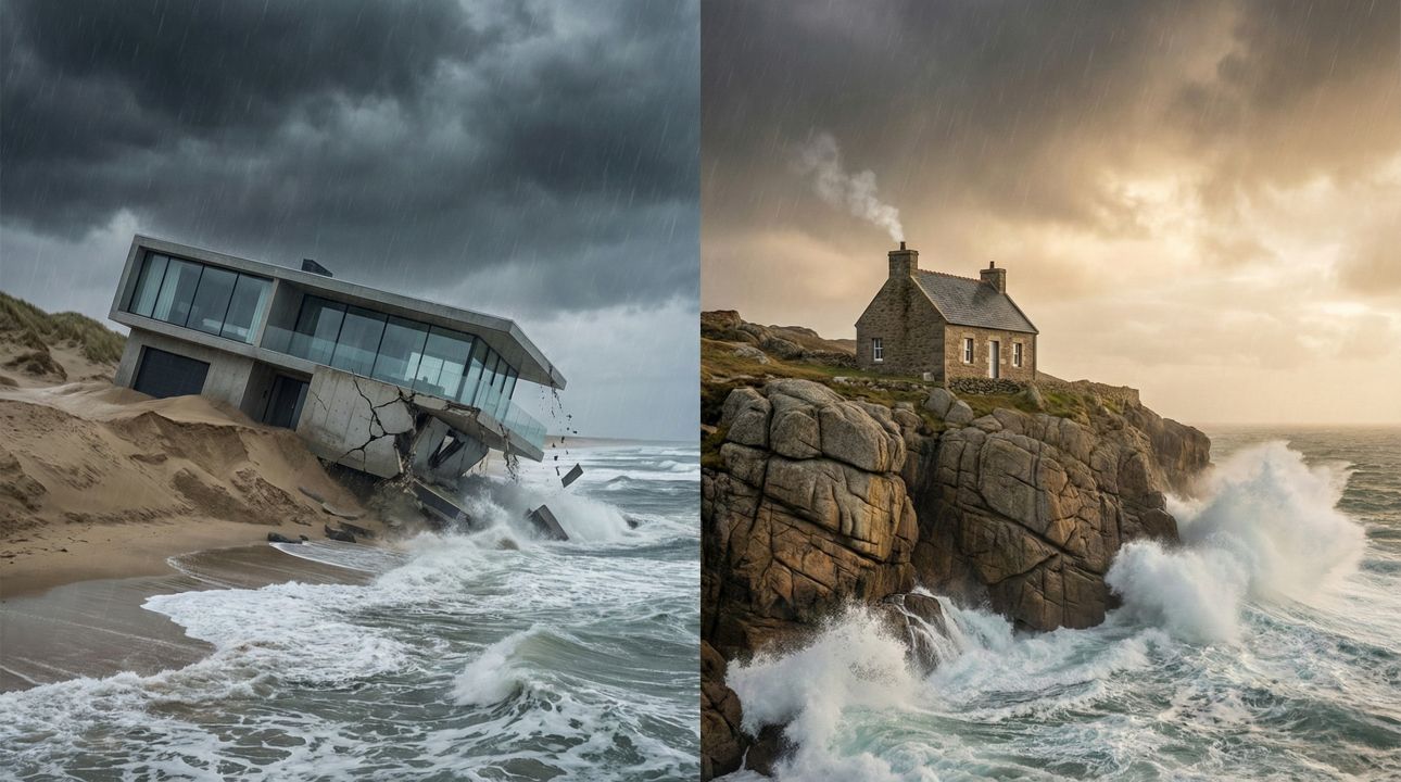Imagem dividida comparando duas casas durante uma tempestade: à esquerda, uma casa moderna desabando na areia; à direita, uma casa de pedra firme sobre um penhasco rochoso.