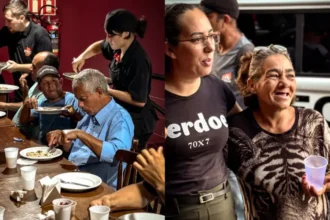 Ação social da missão no RS promove rodízio de pizza para 138 moradores de rua e retira 14 pessoas da vulnerabilidade. Foto: Divulgação/SMG