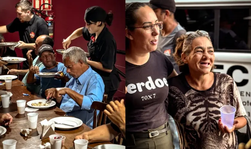 Ação social da missão no RS promove rodízio de pizza para 138 moradores de rua e retira 14 pessoas da vulnerabilidade. Foto: Divulgação/SMG