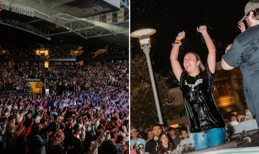 Evangelismo em universidade: mais de 1.600 estudantes aceitam Jesus e são batizados em evento de avivamento na Flórida. Foto: Reprodução/Instagram/Unite US