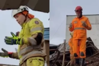 Bombeiros fazem oração antes de iniciar buscas por duas crianças soterradas após forte deslizamento em Juiz de Fora (MG). Foto: Reprodução/Instagram/Rádio Itatiaia