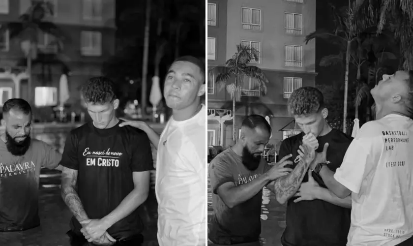 Um jogador do Grêmio decidiu entregar sua vida a Jesus e foi batizado recentemente em uma cerimônia realizada em uma piscina. Foto: Reprodução/Instagram/Nathan Borges