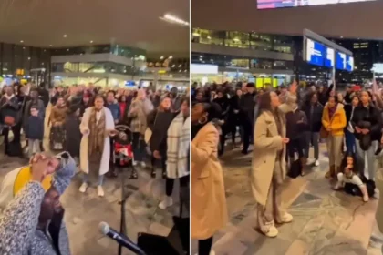 Cristãos na Holanda realizam louvor em estação de trem em Roterdã, reunindo multidão e chamando a atenção de passageiros. Foto: Reprodução/Instagram/Presence Revival