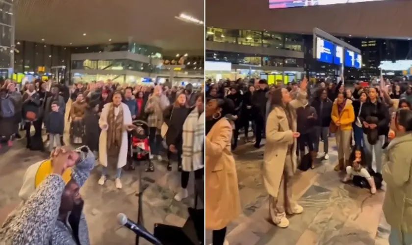 Cristãos na Holanda realizam louvor em estação de trem em Roterdã, reunindo multidão e chamando a atenção de passageiros. Foto: Reprodução/Instagram/Presence Revival