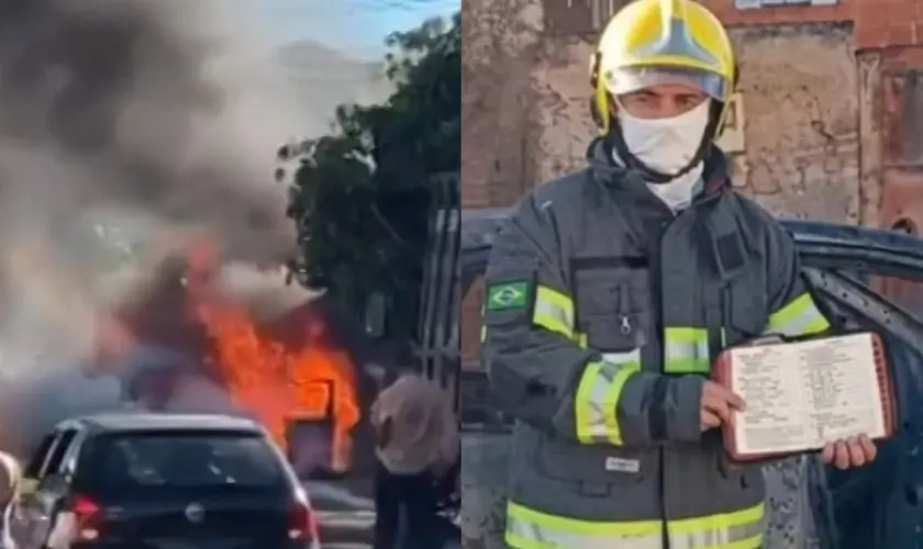 Bíblia intacta é encontrada após incêndio destruir carro em Goiás, chamando atenção após veículo ficar completamente consumido pelas chamas. Foto: Reprodução/TV Anhanguera