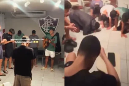 Jogadores da base do Fluminense têm se reunido regularmente para realizarem célula dentro do centro de treinamento da equipe. Foto: Reprodução/Instagram/Bernardo André Goulart
