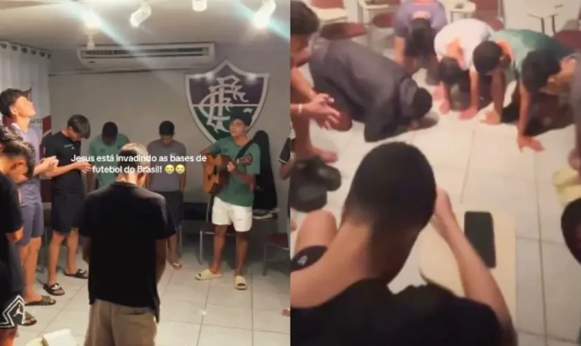 Jogadores da base do Fluminense têm se reunido regularmente para realizarem célula dentro do centro de treinamento da equipe. Foto: Reprodução/Instagram/Bernardo André Goulart