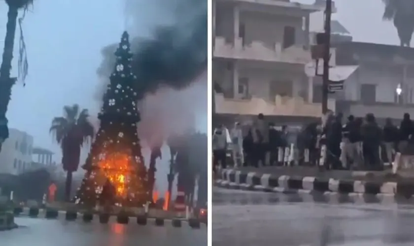 Uma árvore de Natal na Síria foi incendiada por combatentes ligados ao grupo jihadista Hay’at Tahrir al-Sham (HTS), apoiado pela Turquia. Foto: Reprodução/Greek City Times