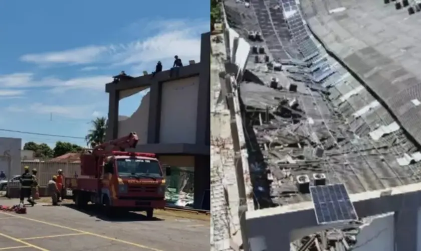 O teto da Igreja Videira desabou em Goiânia durante a instalação de placas solares. Um operário ficou ferido, mas não houve fatalidades. Foto: Reprodução/X/Contigo.