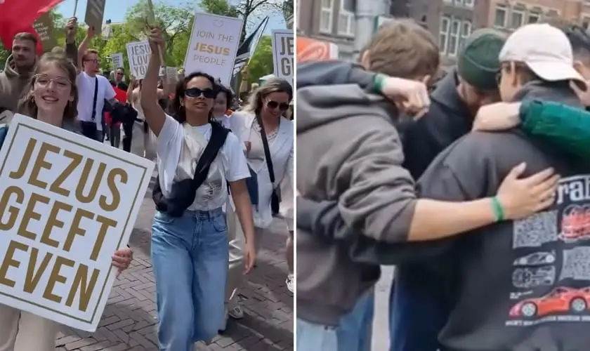 Jovens realizam evangelismo na Holanda durante o Dia do Rei e centenas se rendem a Jesus; ações mostram crescimento da fé no país. Foto: Reprodução/Instagram/Verlicht Nederland/YouTubeRevive