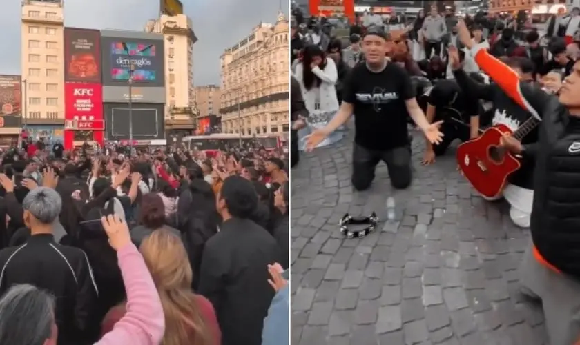 Cristãos na Argentina realizam culto público na Praça da República, com salvação de vidas e adoração em frente ao Obelisco. Foto: Reprodução/Instagram/Revival Latino Argentina