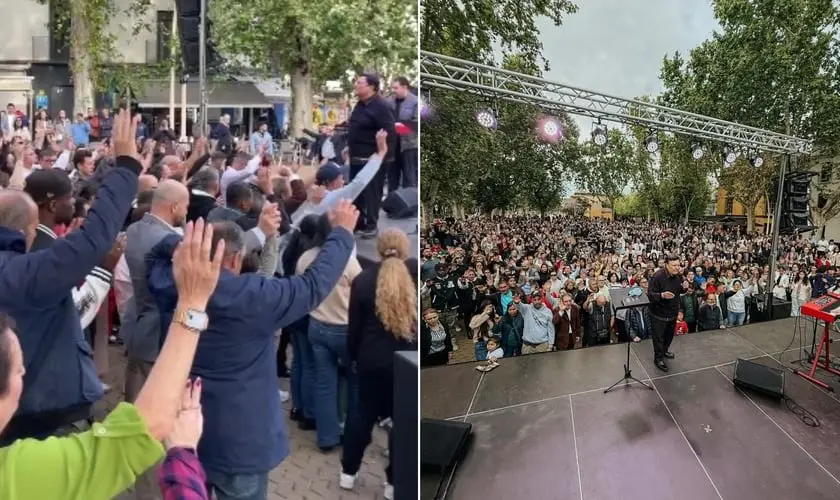 Cruzada com culto na Espanha reúne centenas em Sevilha, leva vidas a Jesus e mostra avanço do Evangelho no país. Foto: Reprodução/Instagram/Abril Morales/Facebook/Alberto Montesi