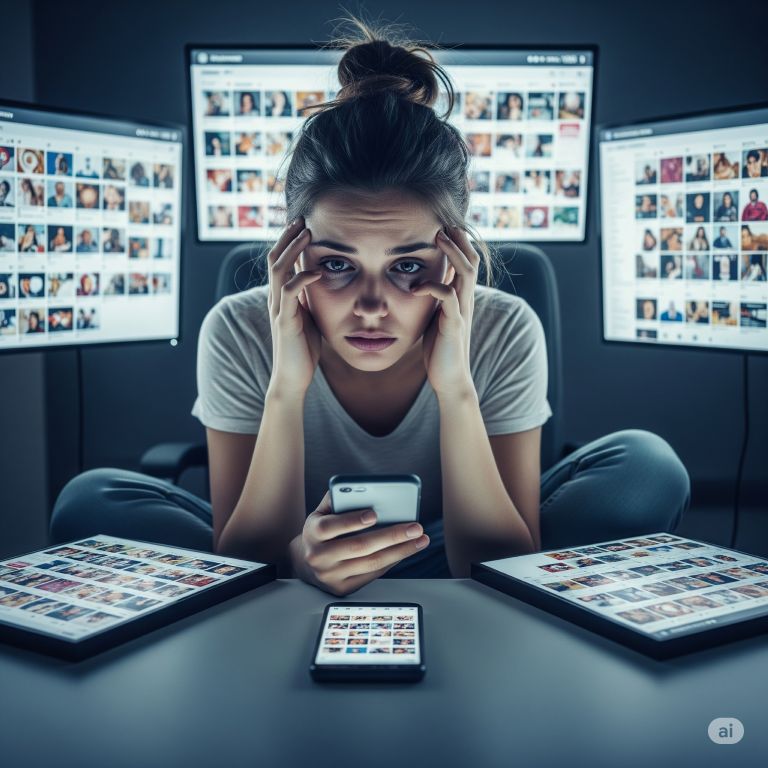 Imagem de uma mulher com olheiras profundas, cansada e cercada de monitores e celulares.
