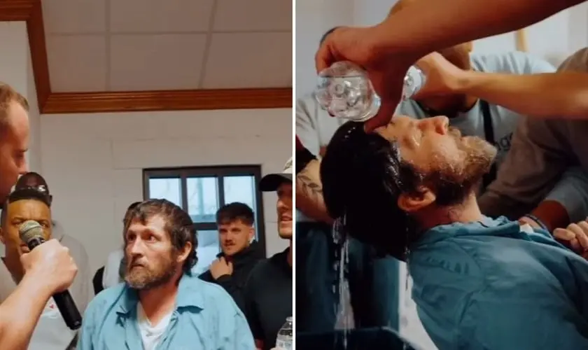 Um homem condenado à prisão perpétua foi batizado de uma maneira tocante durante um culto em uma prisão nos Estados Unidos. Foto: Reprodução/Instagram/God Behind Bars