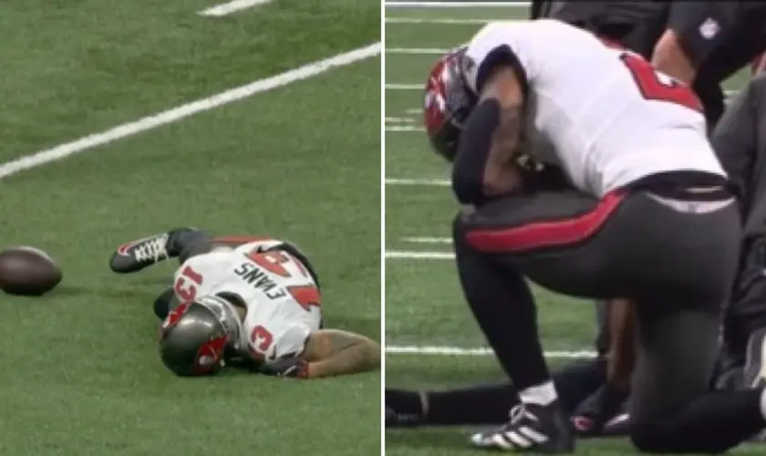 Após jogador sofrer uma lesão grave na clavícula, outro jogador da NFL, ajoelhou-se ao lado dele em campo para orar. Foto: Reprodução/X/Rate the Refs/Instagram/Christian Athletes