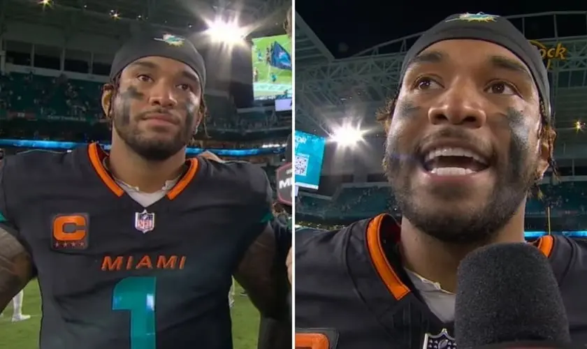 Jogador de futebol americano Tua Tagovailoa, do Miami Dolphins, declara publicamente que "toda a glória pertence a Deus" após vitória. Foto: Reprodução/YouTube/NFL on ESPN