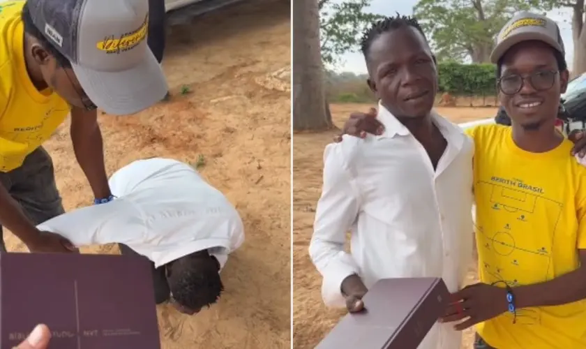 Durante gravação obreiro cai em lágrimas ao receber bíblia de estudo de missionário na África e vídeo viraliza. Foto: Reprodução/Instagram/Diogo Scremin