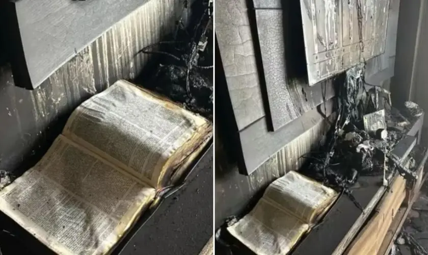 Em meio aos escombros e pertences destruídos em incêndio, foi encontrada uma bíblia intacta, resistindo às chamas em imóvel no RS. Foto: Divulgação/Corpo de Bombeiros Militar de Carazinho