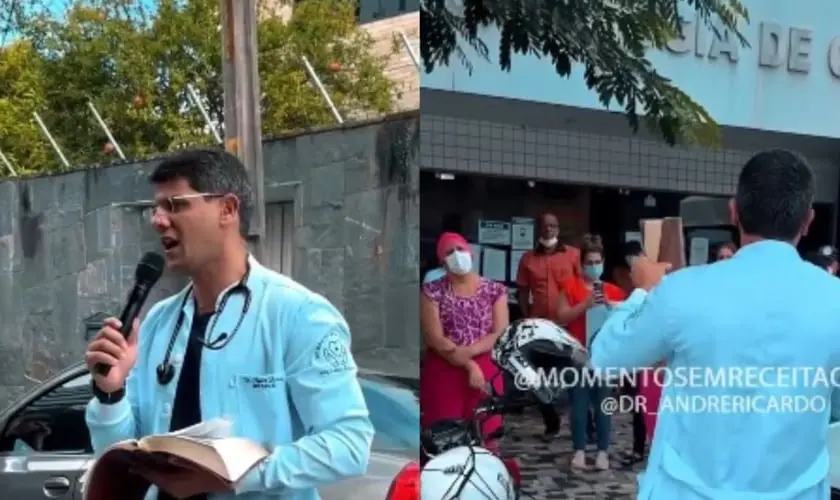 Médico continua evangelismo na rua em frente a uma unidade de saúde após ser proibido de realizar a pregação dentro do local. Foto: Reprodução/Instagram/Dr. André Ricardo