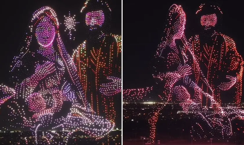 O Texas, foi palco de um espetáculo aéreo monumental que utilizou 5 mil drones para iluminar o céu noturno, retratando o nascimento de Jesus. Foto: Reprodução/Instagram/Preston Ward