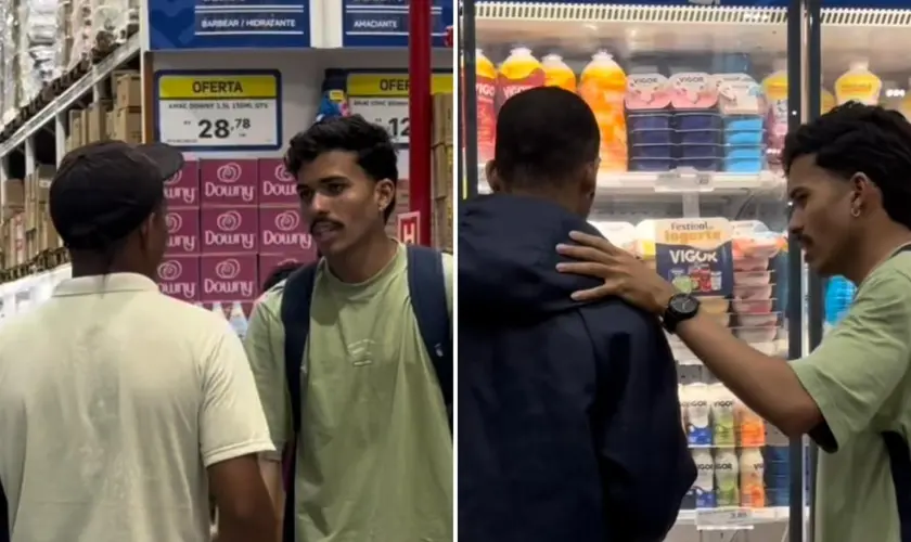 Jovem evangelista viraliza ao realizar evangelismo em mercado, orando e pregando, cumprindo o ide em um ambiente inusitado. Foto: Reprodução/Instagram/Lucas Oliveira
