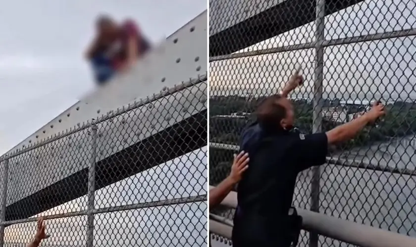 Policial impede em uma tentativa de suicídio em uma ponte, oferecendo não apenas socorro, mas uma fervorosa oração pelo homem. Foto: Reprodução/Instagram/Polícia Nacional de Panamá