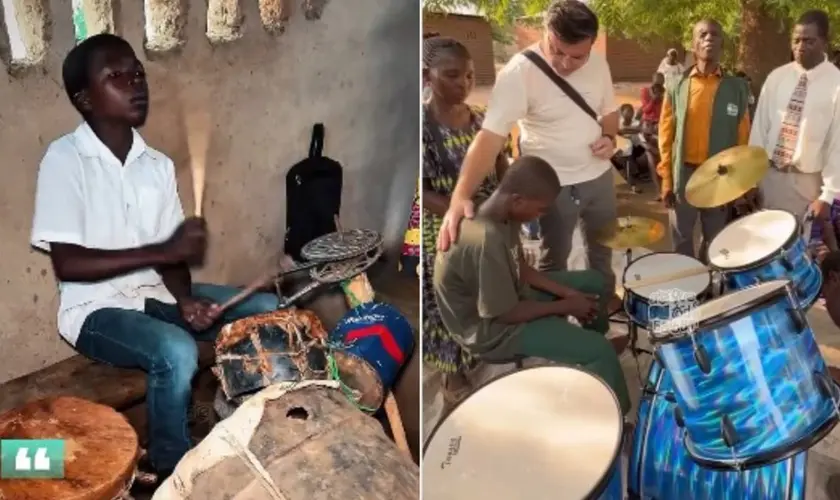 Em igreja na África, o sonho de garoto de ter uma bateria real foi realizado após comover a internet tocando sucata no Malawi. Foto: Reprodução/Instagram/Joani Bentes
