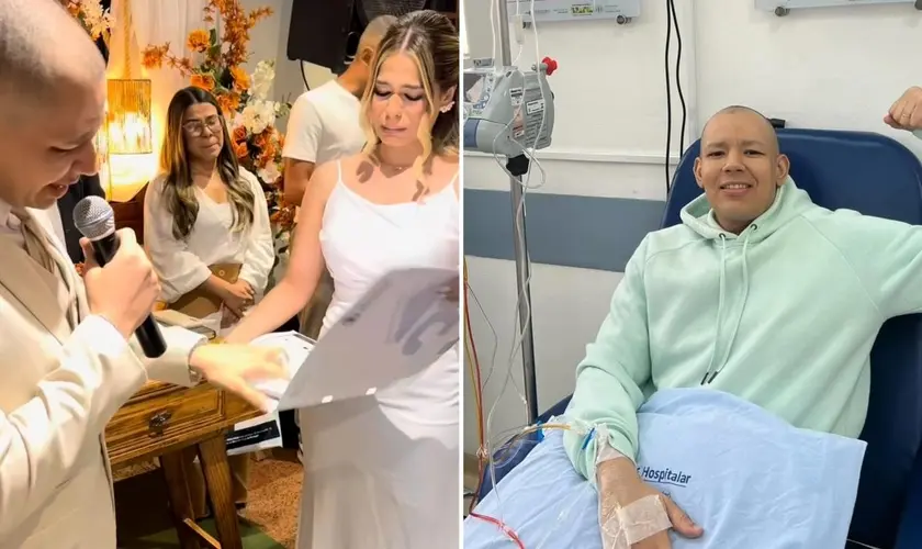 Noivo interrompe cerimônia de casamento e surpreende os convidados ao abrir o resultado de seu último exame e declarar a cura de um câncer. Foto: Reprodução/Instagram/Oséas Santos