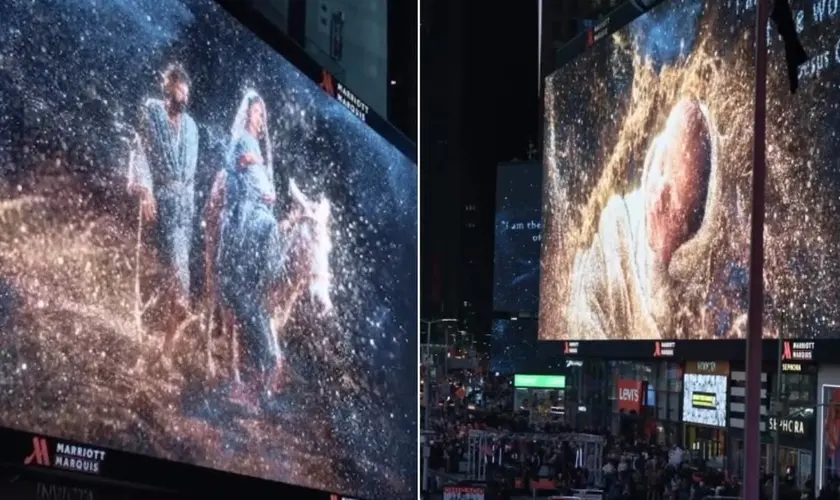 Uma igreja em Nova York surpreendeu o mundo ao transformar os outdoors da Times Square em um espetáculo sobre o nascimento de Jesus. Foto: Reprodução/Instagram/Church of Jesus Christ