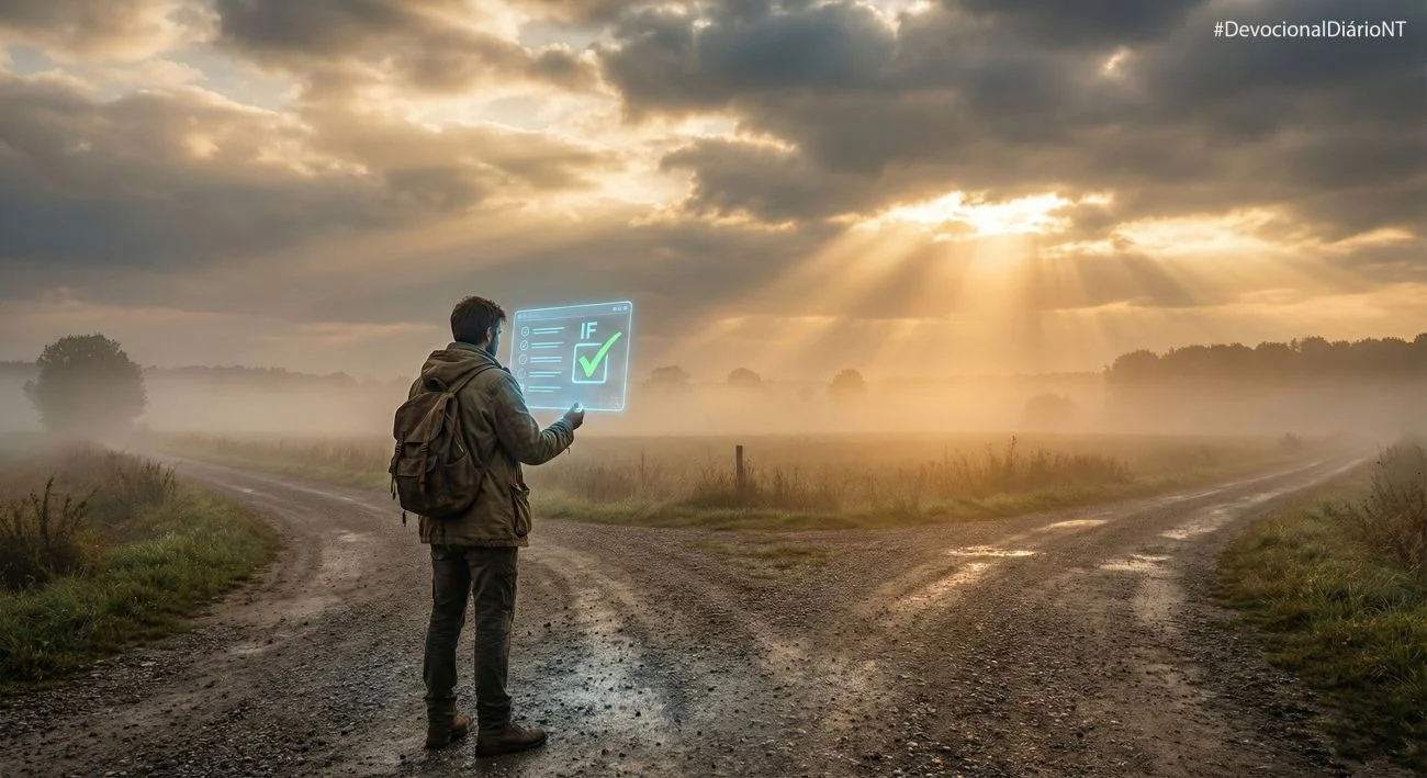 Viajante com mochila parado em uma encruzilhada de terra, observando um holograma futurista com uma lista de verificação, sob um céu com raios de sol rompendo as nuvens.