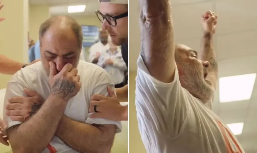 Um presidiário emocionou cristãos ao aceitar Jesus e ser batizado durante uma ação evangelística em uma prisão nos EUA. Foto: Reprodução/Instagram/God Behind Bars
