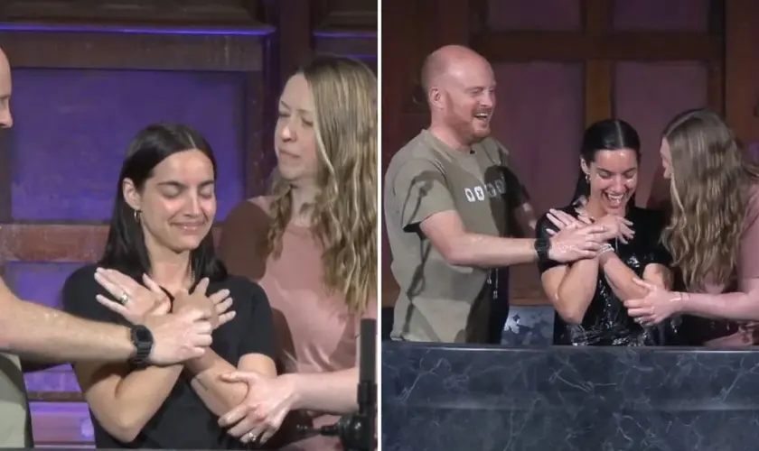 A venezuelana María Gabriela de Faría, atriz de 'Superman', testemunhou sua fé ao ser batizada durante a Páscoa nos Estados Unidos. Foto: Reprodução/YouTube/Vintage Church Pasadena