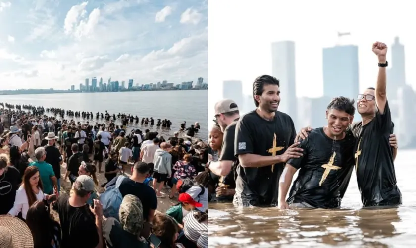 Batismo em massa na Austrália reúne mil pessoas na Páscoa, com testemunhos de transformação e novas vidas entregues a Jesus. Foto: Instagram/Julian Kirtisingham