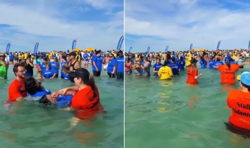 Batismo em praia reúne mil pessoas na Flórida, marcando um momento de fé, decisão e transformação espiritual. Foto: Reprodução/Instagram/Grace Family Church