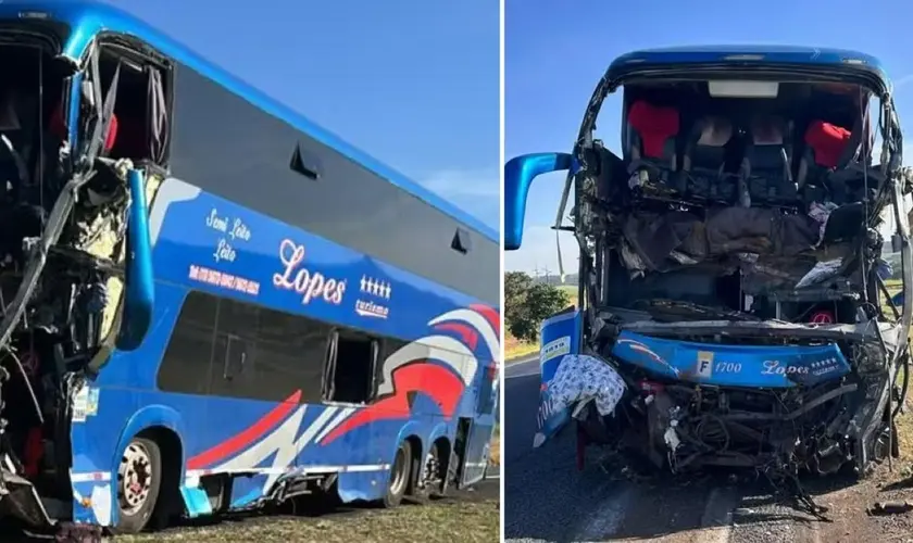 Acidente de ônibus de igreja e uma carreta carregada de açúcar deixou duas pessoas mortas e mais de 30 feridas, em Uberaba (MG). Foto: Reprodução/TV Integração/g1