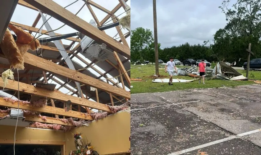 Cristãos louvam e oram durante tornado nos EUA, enquanto igreja é destruída no Mississippi, sem deixar feridos entre os membros. Foto: Facebook/Coaltown Baptist Church