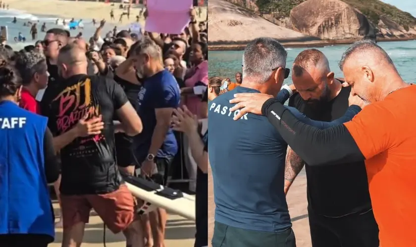 Surfista é surpreendido durante um batismo em praia no Rio de Janeiro, decide entregar sua vida a Jesus e é batizado. Foto: Reprodução/Instagram/ibatitude/Reprodução/Instagram/ pablovieirabjj