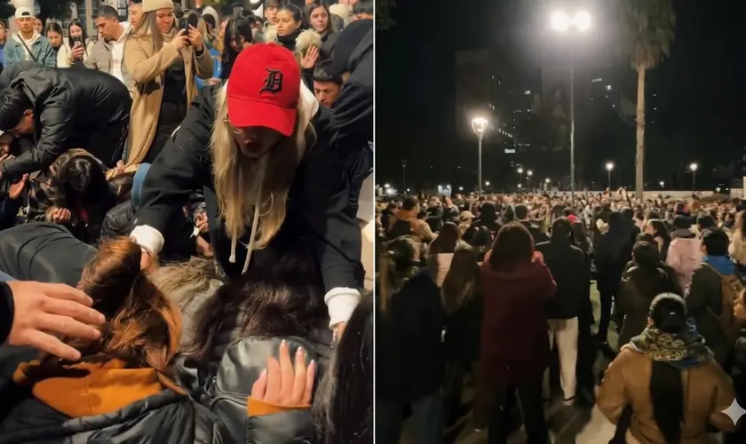 Universidade na Argentina reúne centenas de estudantes em culto ao ar livre por missão, marcado por adoração, oração e pregação do Evangelho. Foto: Reprodução/Instagram/Lucas Teodoro/Reprodução/Instagram/avivauniversitario.latam