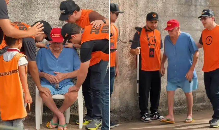 Idoso que usava muletas volta a andar após oração durante evangelismo no Ceará e decide entregar sua vida a Jesus. Foto: Reprodução/Instagram/AVIVA