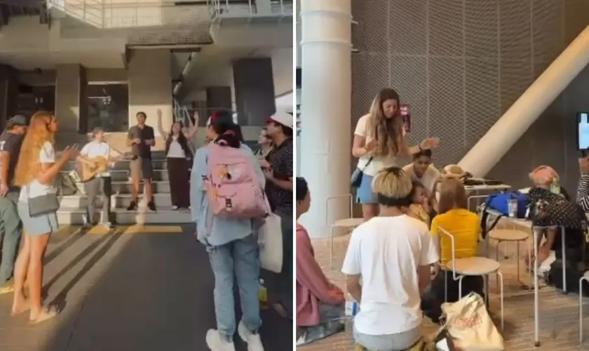 Durante missão no Japão, jovens brasileiros evangelizam dentro de uma universidade e testemunham a conversão de cinco estudantes budistas. Foto: Reprodução/Instagram/Dunamis Pockets