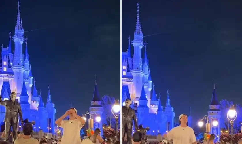 Durante uma visita, cristão aproveita a oportunidade para pregar o Evangelho diante do famoso castelo da Disney, em Orlando. Foto: Reprodução/Instagram/Jonathan Perde