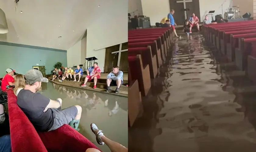Enchente nos EUA alaga igreja em Indiana, mas congregação permanece no templo para louvar a Deus e demonstrar fé em meio à tempestade. Foto: Facebook/Harvest - Sharing Life