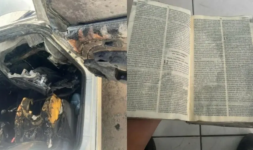 Bíblia fica intacta após incêndio em carro destruir veículo no Ceará, e motorista testemunha o que considera um cuidado de Deus. Foto: Reprodução/Arquivo pessoal