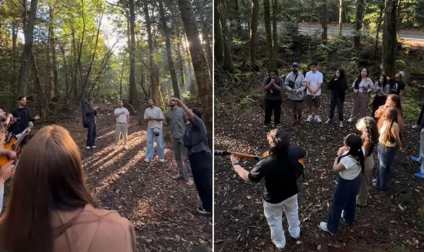 Evangelistas brasileiros visitam a Floresta de Aokigahara, no Japão, conhecida como “Floresta do Suicídio”, para orar e louvar a Deus. Foto: Reprodução/Instagram/gabepyszka/Reprodução/Instagram/olucamartini