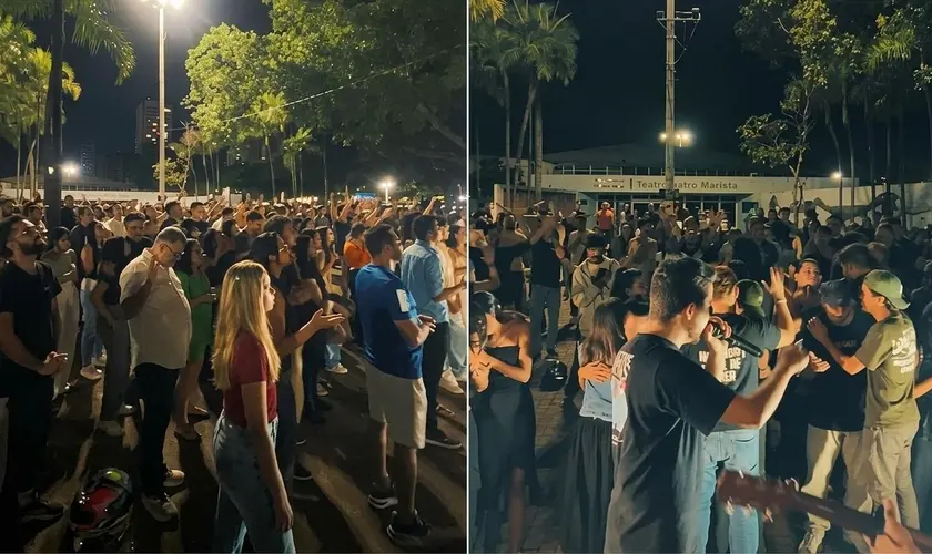 Estudantes se reúnem em culto em universidade e praça pública em GO para adorar a Deus, orar por avivamento e compartilhar o Evangelho. Fotos: Reprodução/Aviva Universitário
