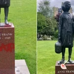 O monumento de Anne Frank, uma menina judia vítima do Holocausto, foi pichado com a palavra "Gaza" em Amsterdã, na Holanda. Foto: Reprodução/X/@mrconfino/Wikimedia Commons/Citius Altius Fortius