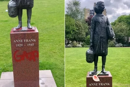 O monumento de Anne Frank, uma menina judia vítima do Holocausto, foi pichado com a palavra "Gaza" em Amsterdã, na Holanda. Foto: Reprodução/X/@mrconfino/Wikimedia Commons/Citius Altius Fortius